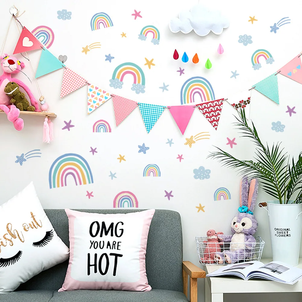Pegatina de pared luminosa de nubes de arcoíris y estrellas, calcomanías de decoración de habitación de bebé y niño, decoración de fondo de