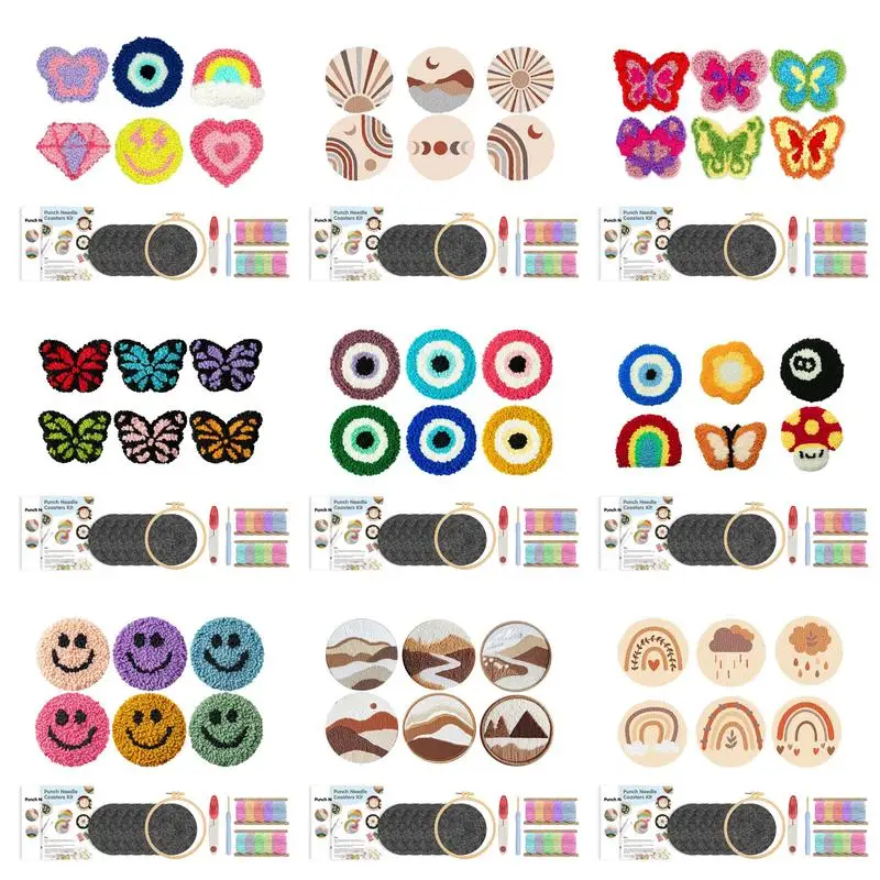 

6PCS Punch Needle Coaster Kit for Adults Butterfly Scenery Magic Embroidery Needle Set Tufted Mug Rug Coasters DIY Craft