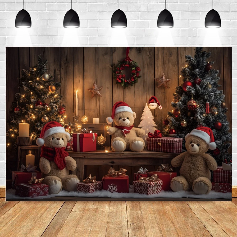 Christmas Photography Backdrops Classic Retro Wooden Board Bear Fireplace Xmas Decor Family Party Kids Portrait Photo Background