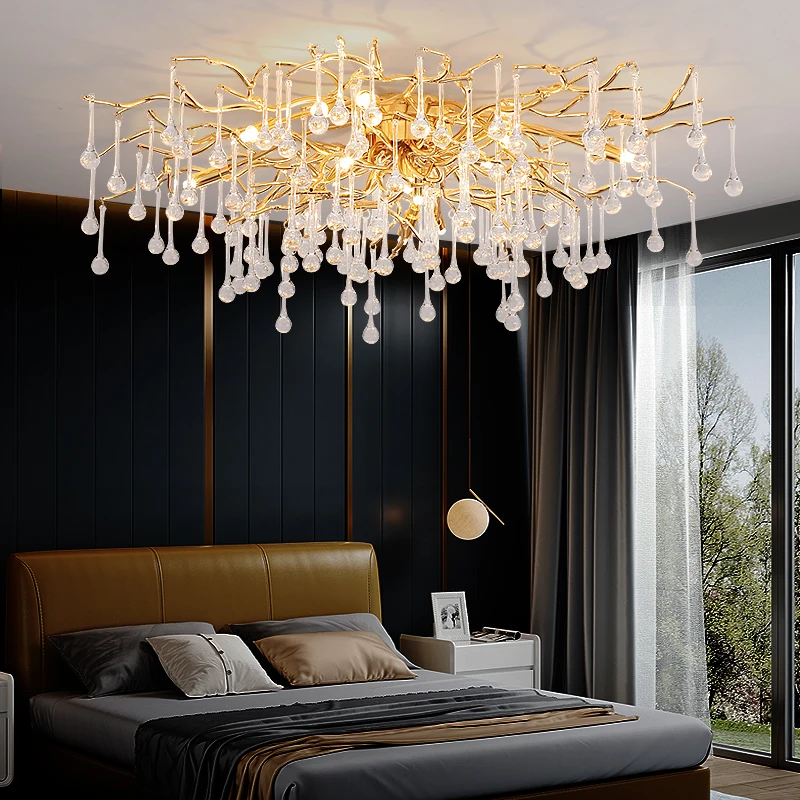 Modern Luxury Ceiling Crystal Chandelier For Living Dining Room Bedroom Gold Water Drop Branch Crystal Chandelier For Ceiing