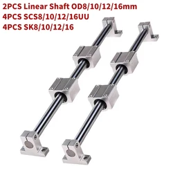 2Pcs Linear Shaft OD8/10/12/16mm 300 600 500 800mm 4Pcs SCS8/10/12/16UU Linear Bearing Blocks 4Pcs SK8/10/12/16 Bearing Support