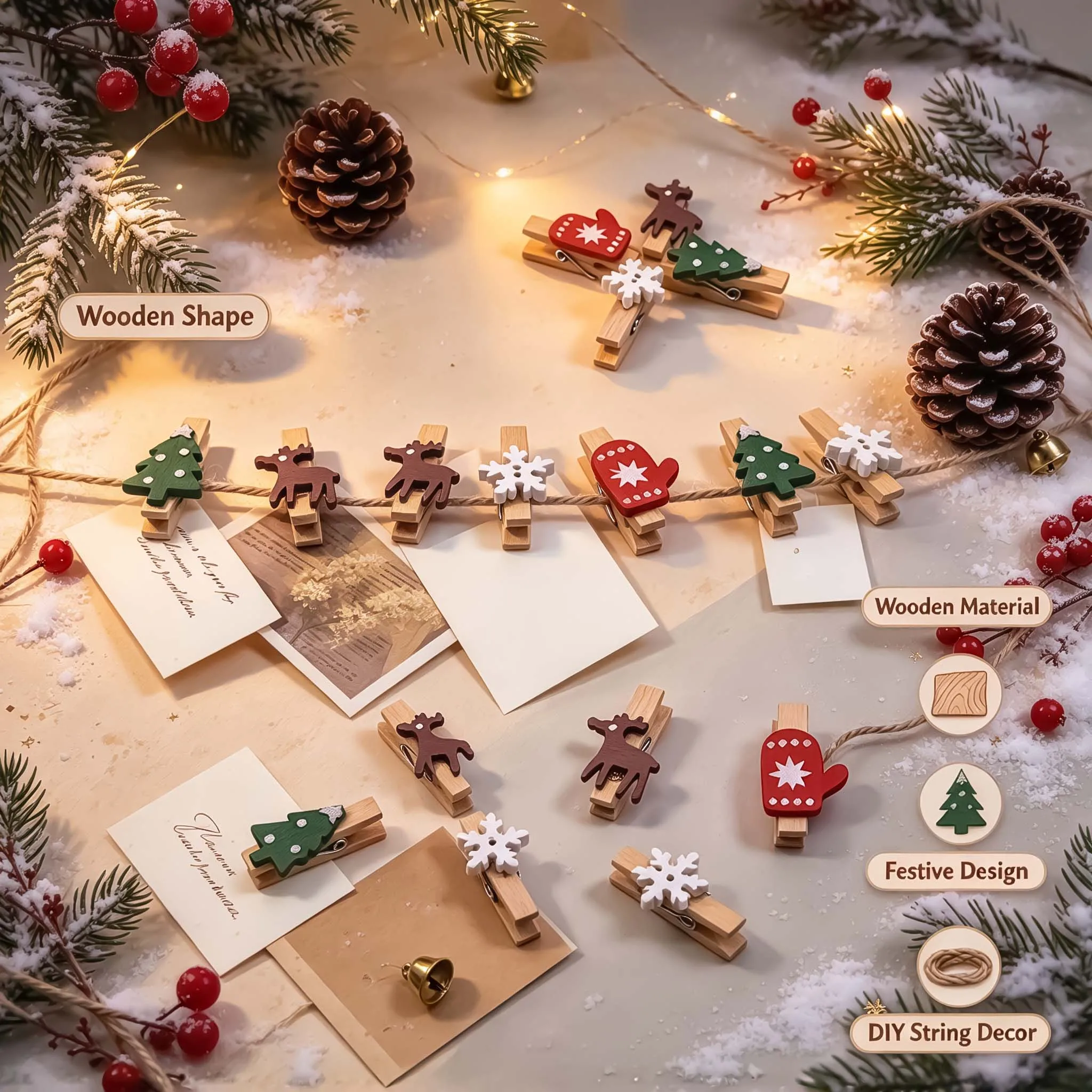Christmas Wood Clips Mixed, Elk Tree Snowflake Photo Pegs, Free Jute Twine & Push Pins, Xmas DIY Hanging Decor