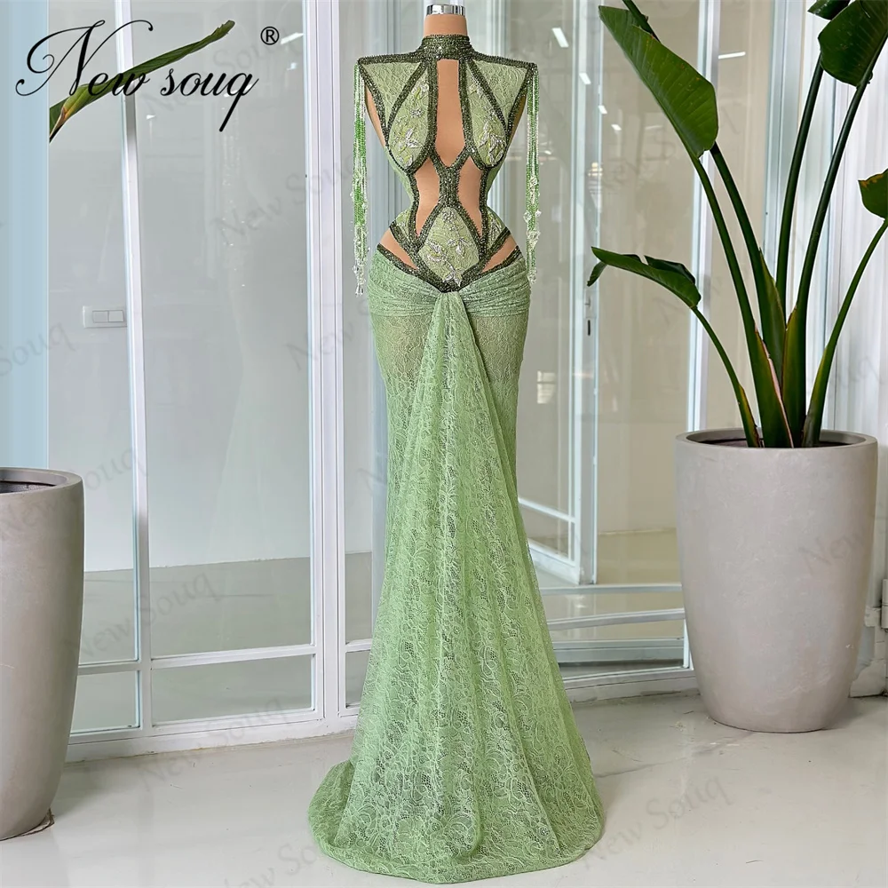 Cut Out Green Evening Dresses Shoulder Long Tassel Beading Engagement Party Cocktail Dress Gowns Vestidos De Cóctel Customized