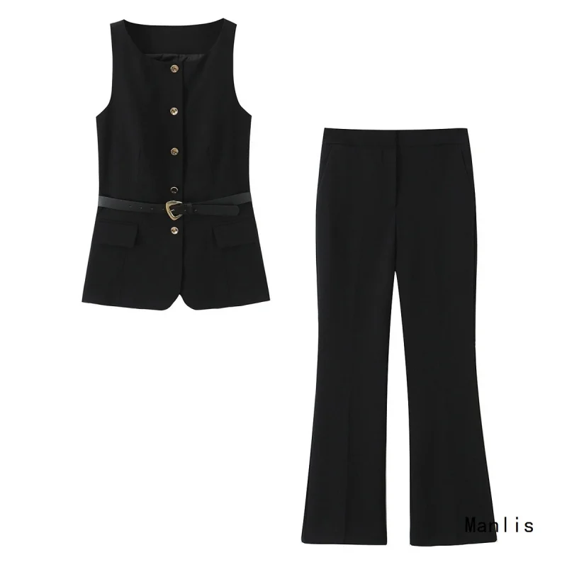 

European and American Style2025New Fashionable Elegant Belt Vest Flared Pants
