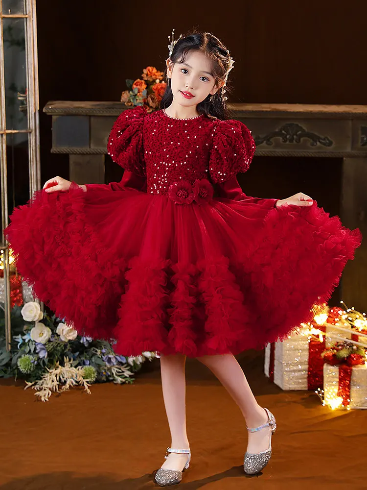 

Custom Flower Girl Dress Wedding Dress First Christmas Party Kids Long Puffed Sleeve Sequin Bodice Ruffled Tulle Dress With