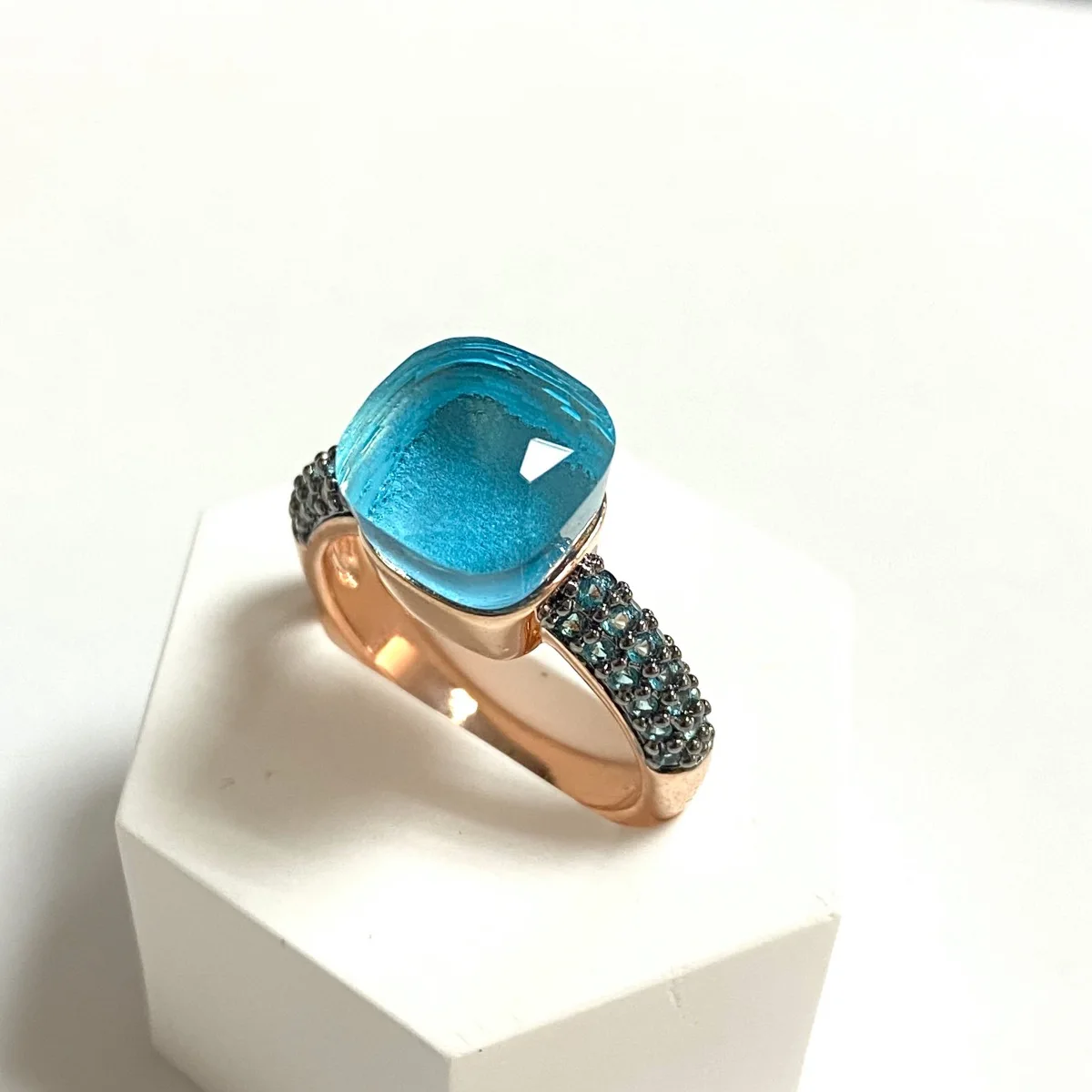 10.6mm Classic Ring Inlay Blue Topaz Zircon Black Gun Plated Candy Crystal Ring for Women Rose Gold Plated Fashion Jewelry