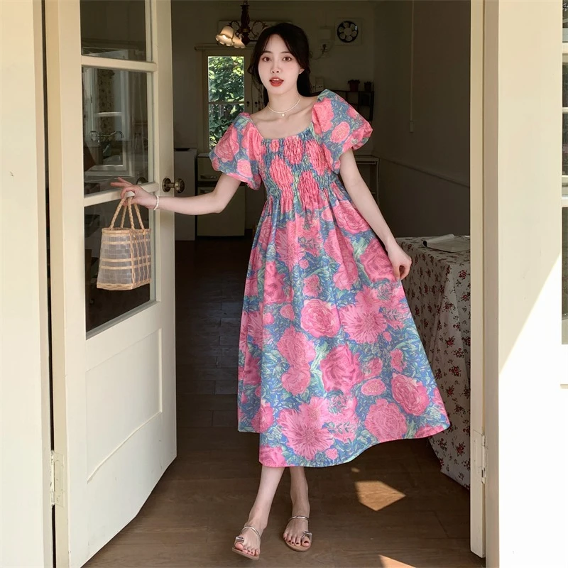 Summer New Sle Women's Floral Print Long Dr Square Collar Lantern Sve plus Size A-Line Skirt High Waist ort Sve