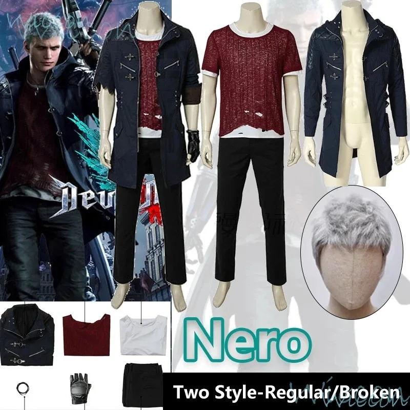 Juego Nero Cosplay Devil May Cry 5 Cos disfraz blanco gris peluca traje Comic-Con uniforme traje de fiesta de Halloween para hombres abrigo guantes;