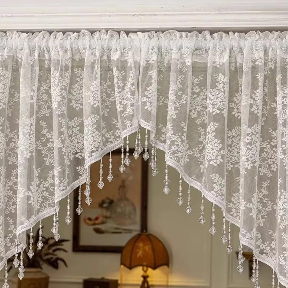 Decorative French Style Half Curtain Romantic With Beaded Lace Triangle Curtains Elegant Vintage Lace Door Curtain Balcony