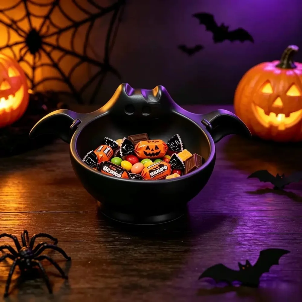 Cute Ghost Storage Bowl Halloween Bat Decorative Bowl Statue Storage Tray For Desktop White And Black Bat Storage Bowl