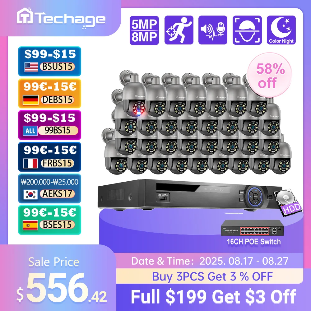

Techage 36CH 4K 5MP 8MP POE PTZ Camera System Smart Ai Human Detected Two-way Audio Color Night H.26S Security Surveillance Kits