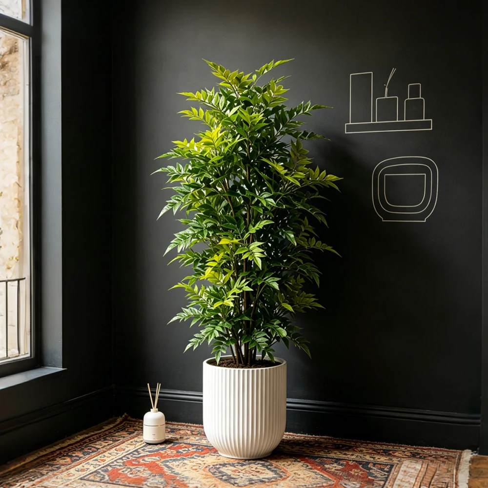 Árbol artificial de Nandina de 73-135 cm, planta artificial lacada, árbol de ficus artificial, hojas de palma falsas de plástico tropical para el hogar.