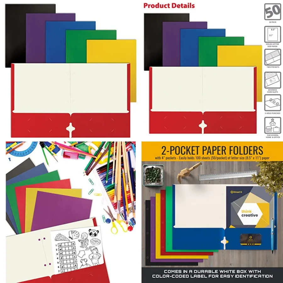 

2 Pocket Paper Folders Letter Size Paper Portfolios for Office Organization Case of 50 Assorted Primary Colors Ideal for Docume