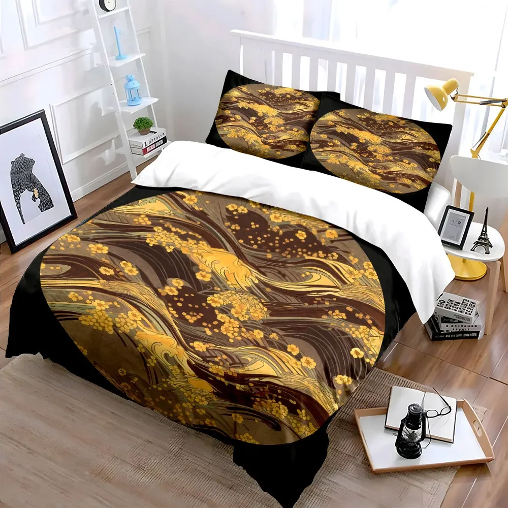 Golden Floral Art Decor Set Soft Comfortable Duvet Cover Bedding Set Included 1*Duvet Cover & 2*Pillowcases, gift