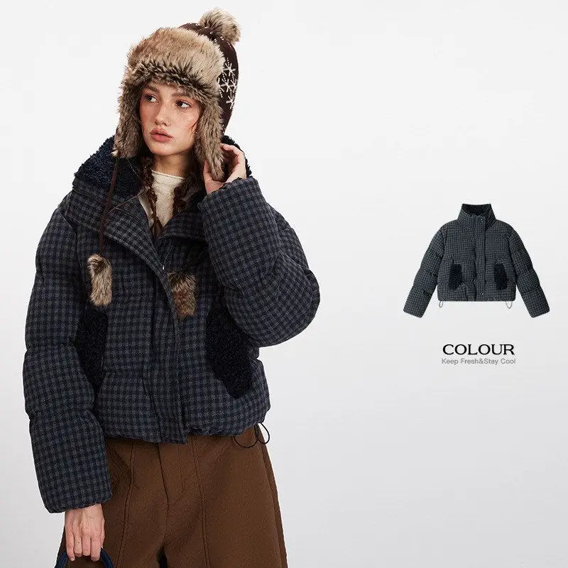 

Thiened Хлопковое тютинское зимнее женское пальто на подкладке с хлебом на подкладке, корейская версия, пальто с воротником-стойкой в клетку