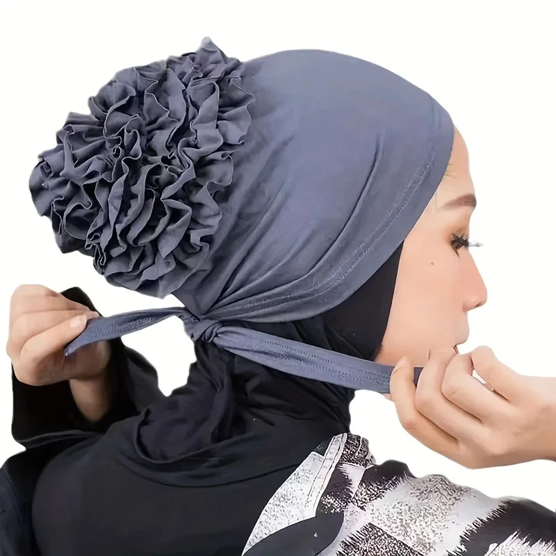 Fashionable Women\'s Solid Chiffon Hijab Turban Flower Decor Ramadan Head Wrap Head Scarf Cap For Daily Life Multicolor Available