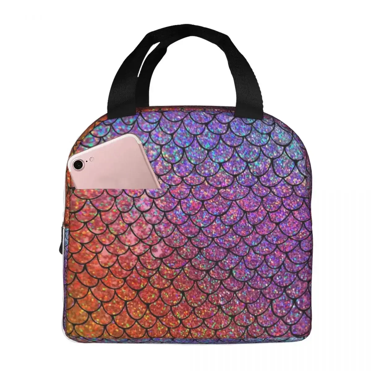 Colorful Glitter Mermaid Scales Insulated Lunch Bags Picnic Bags Thermal Cooler Lunch Box Lunch Tote for Woman Work Children