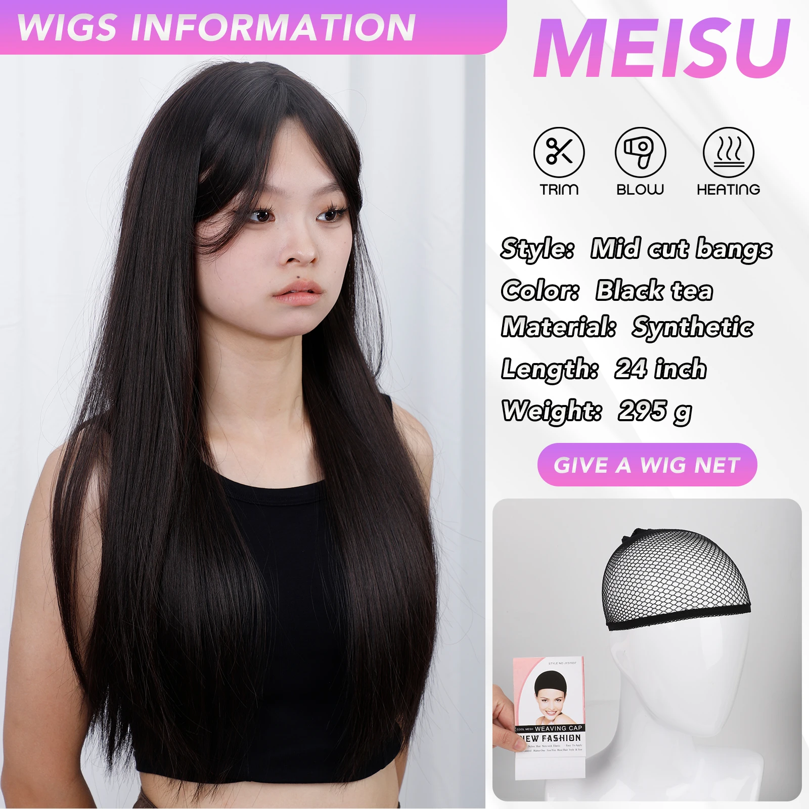 Parrucca MEISU Straight Black Bangs parrucca sintetica in fibra da 24 pollici resistente al calore festa naturale o Selfie per le donne uso quotidiano