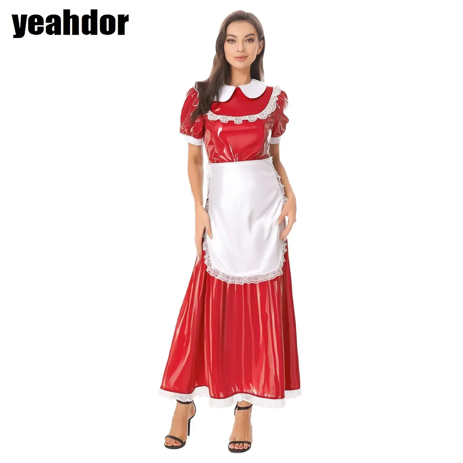 

Womens French Maid Cosplay Dress with Apron Satin Lapel Collar Lace Trim Short Sleeve Wet Look PU Maxi Dress for Halloween Party