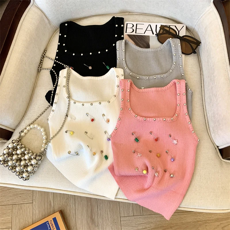 Sexy Stylish Slim Knit Sweater Vests Women Chic Crop Tops 2024 Summer Sleeveless U-neck Rivets Streetwear Fashion Knitwear Jumpe