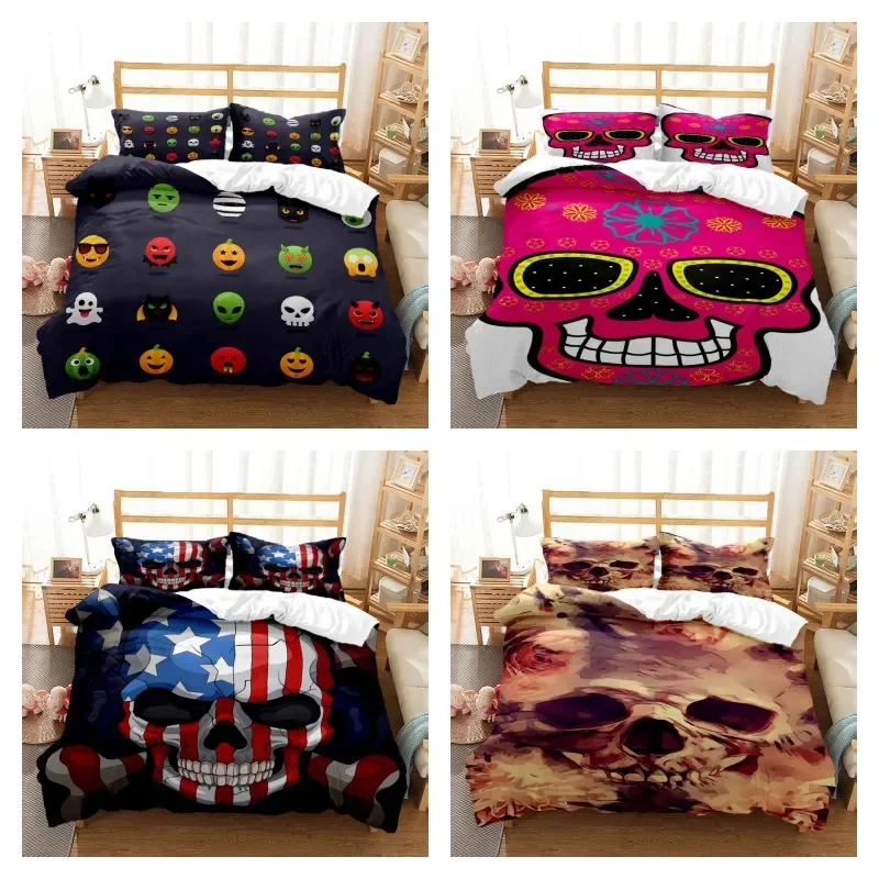 

Skull Personalized Digital Printing Polyester Bedding Set for Boys and Girls Three Piece Comfortable Soft Couple Gift
