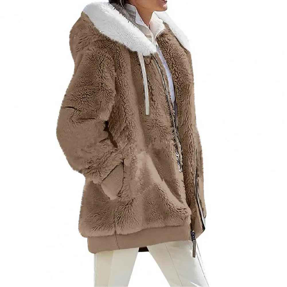 2023 New Women\'s Winter Coat Solid Color Warm Plush Large Size Ladies Coat Fall Winter Loose Plush Zipper Hooded Women\'s Coat