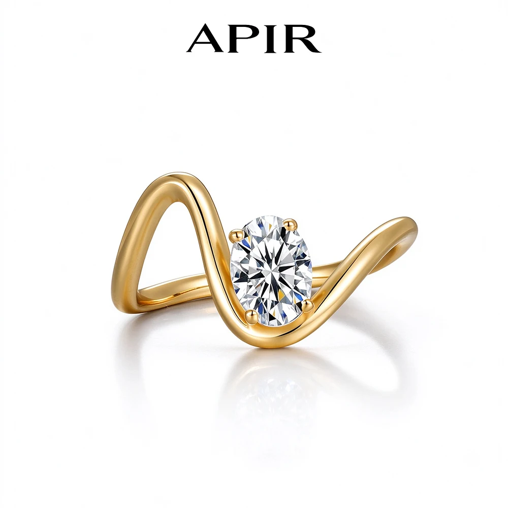 APIR 1 ct Oval Cut Moissanite Irregular Waves Ring Women S925 Silver 14k Gold Plated D VVS1 Diamond Wedding Band Jewelry Gifts