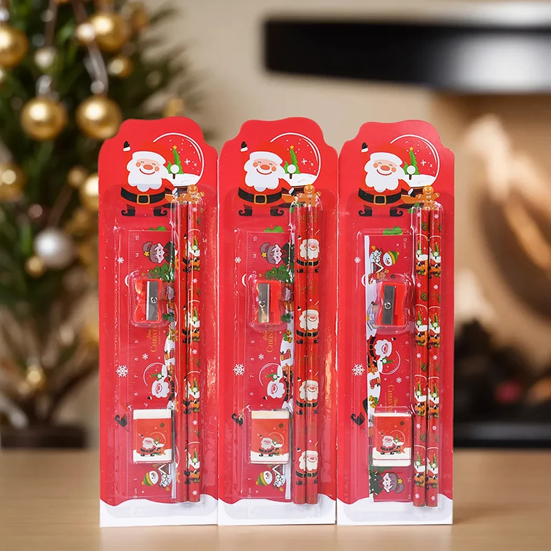 5pcs/Set Cartoon Christmas Stationery Set Santa Claus Pencil Eraser Ruler Sharpener Kids Gift Xmas New Year School Student Prize