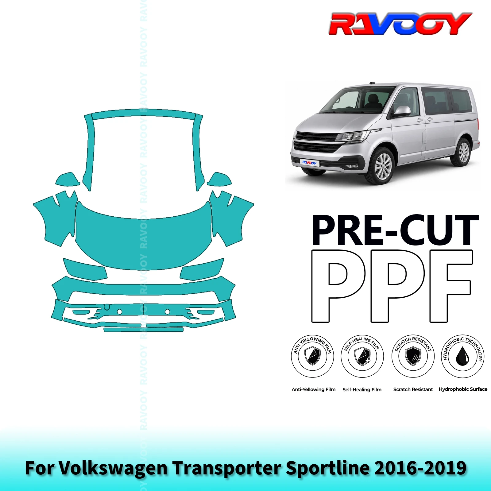 For Volkswagen Transporter Sportline 2016-2019 Full Front Pre-Cut Paint Protection Film PPF Stone Chip Kit | Clear/Matte/Black