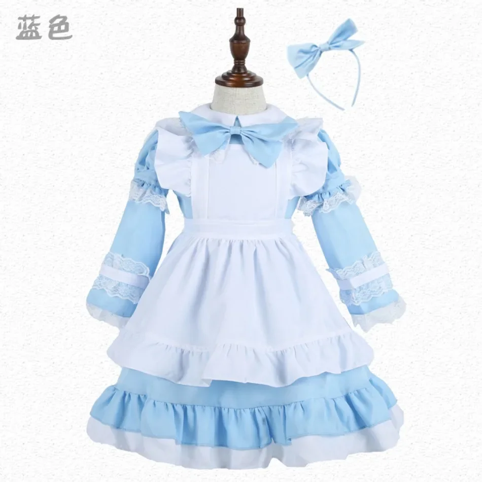 Girls Japanese Lolita Pink Blue Black Maid Long Sleeve Dress Girls Halloween Alice Maid Dress Up Lace Dress with Headband PS66 - view 3