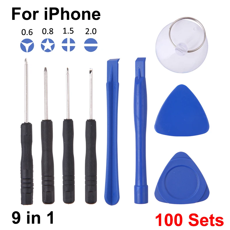 Aocarmo 100Sets/Lot For iPhone 9in1 0.6Y 0.8 1.5 2.0 Screwdriver Set Kit Mobile Phone Repair Screen Opening Tools