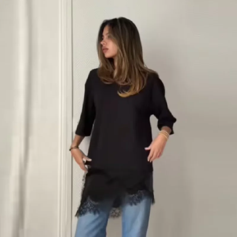 

Женская шикарная длинная футболка с кружевными краями, модные однотонные топы с круглым вырезом и короткими рукавами, новинка 2025 года, женская уличная одежда для поездок на работу