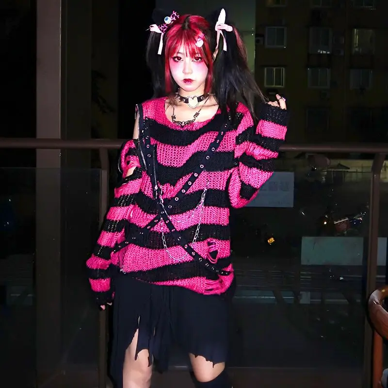Y2K Streetwear Top Punk Gothic Long Unisex Sweater Summer Women Striped Cool Hollow Out Hole Broken Jumper Loose Rock Thin Dark