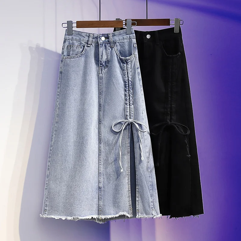 

Oversized Casual Loose Denim Skirt for Women Solid Color Bow Design High Waisted Slim Fit for Slimming Mid Length A-line Dress