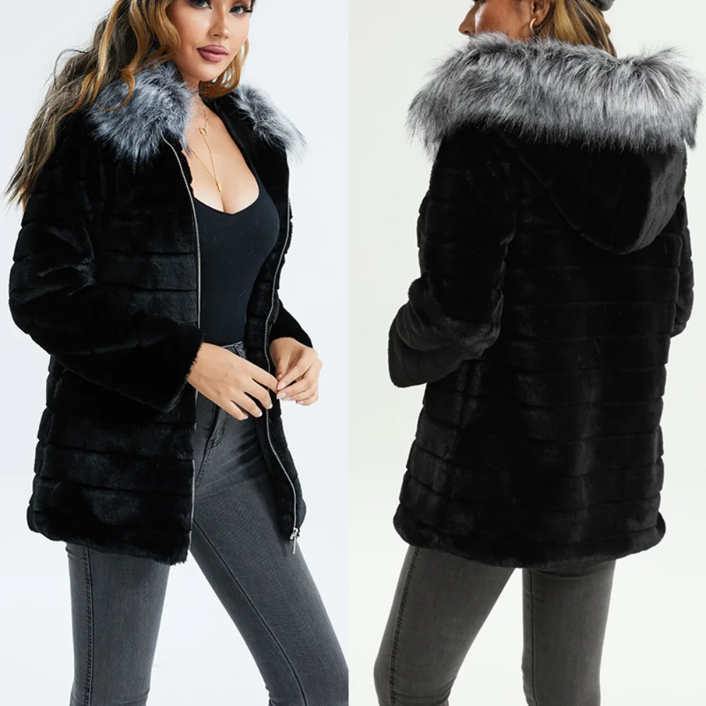 Ueteey 2022 Winter New Fashion Imitation Fur Jacket Medium Long Hood Connecting Thick Imitation Fur Slim Women's Jacket