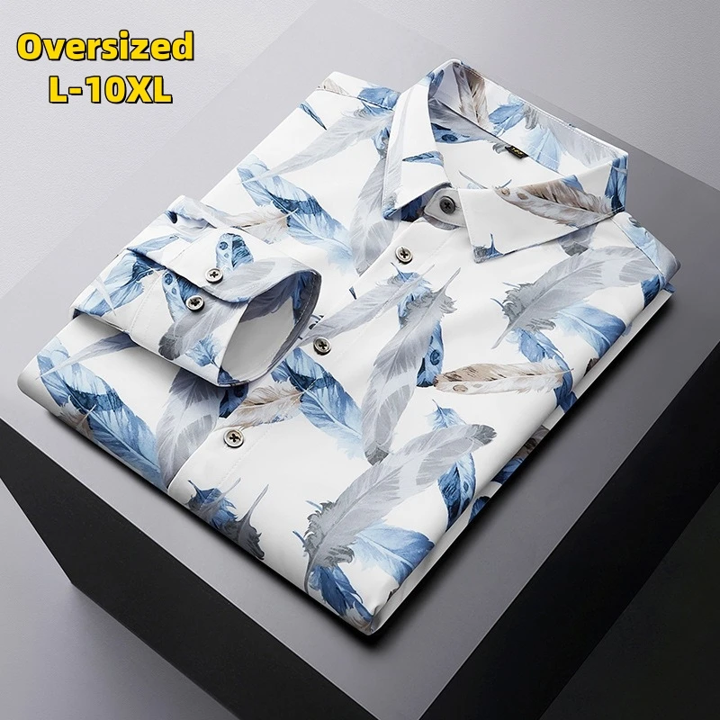 Oversized 10XL Man's Printed Shirts Office Casual Long Sleeve Holiday Hawaii Tops No Iron Quality Breathable Loose Fat Men Shirt