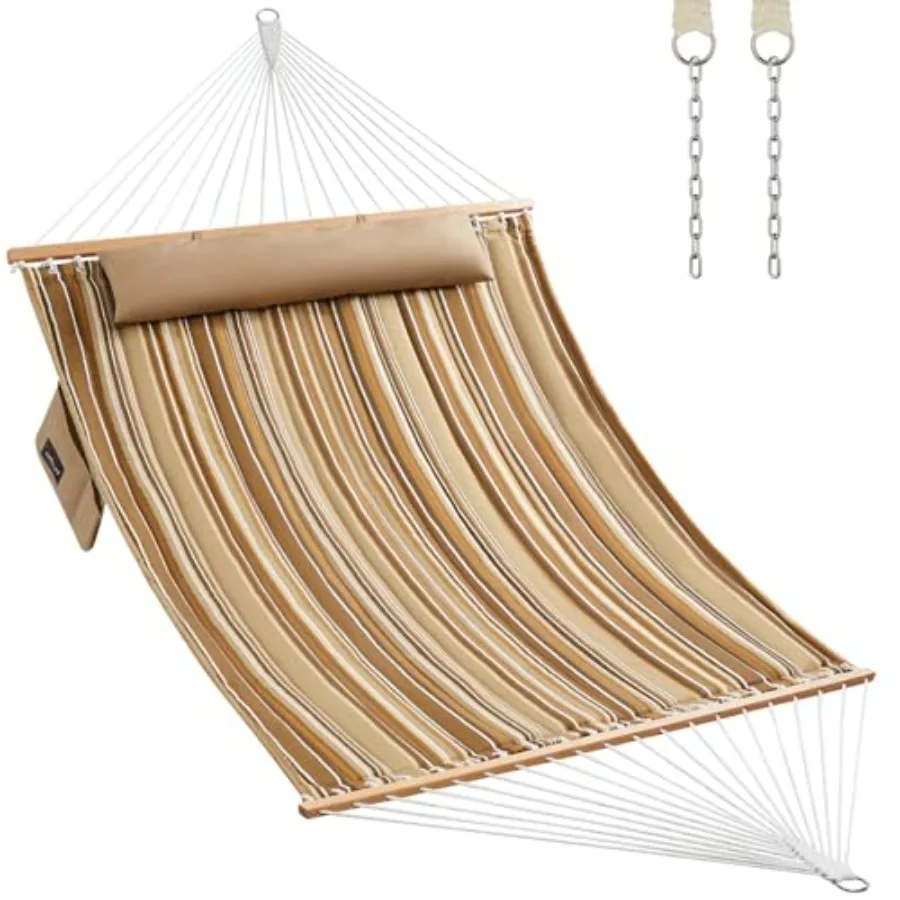 

Outdoor patio backyard poolside double quilted fabric hammock with hardwood spreader bars and pillow, beige, 450 LBS capacity,