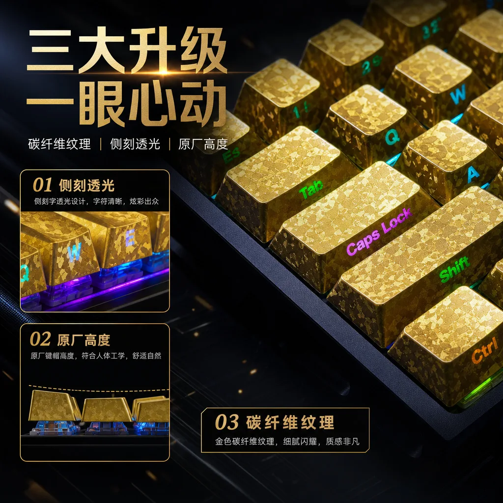 Key Carbon Fiber Side-Lit Shine-Through Keycap Set Double-Shot Pbt Pc Backlit Caps Mechanical Keyboard Gold Silver