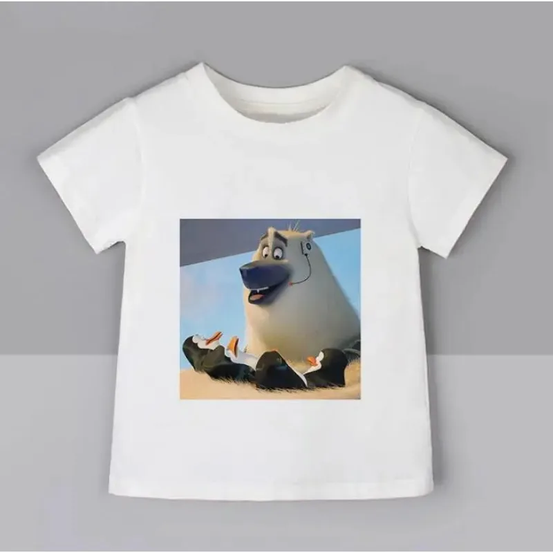 Letnie ubrania dla dzieci madagaskarowe pingwiny chłopięce słodkie pingwiny dziewczęce T shirty OCollar White Fashion Kawaii Baby