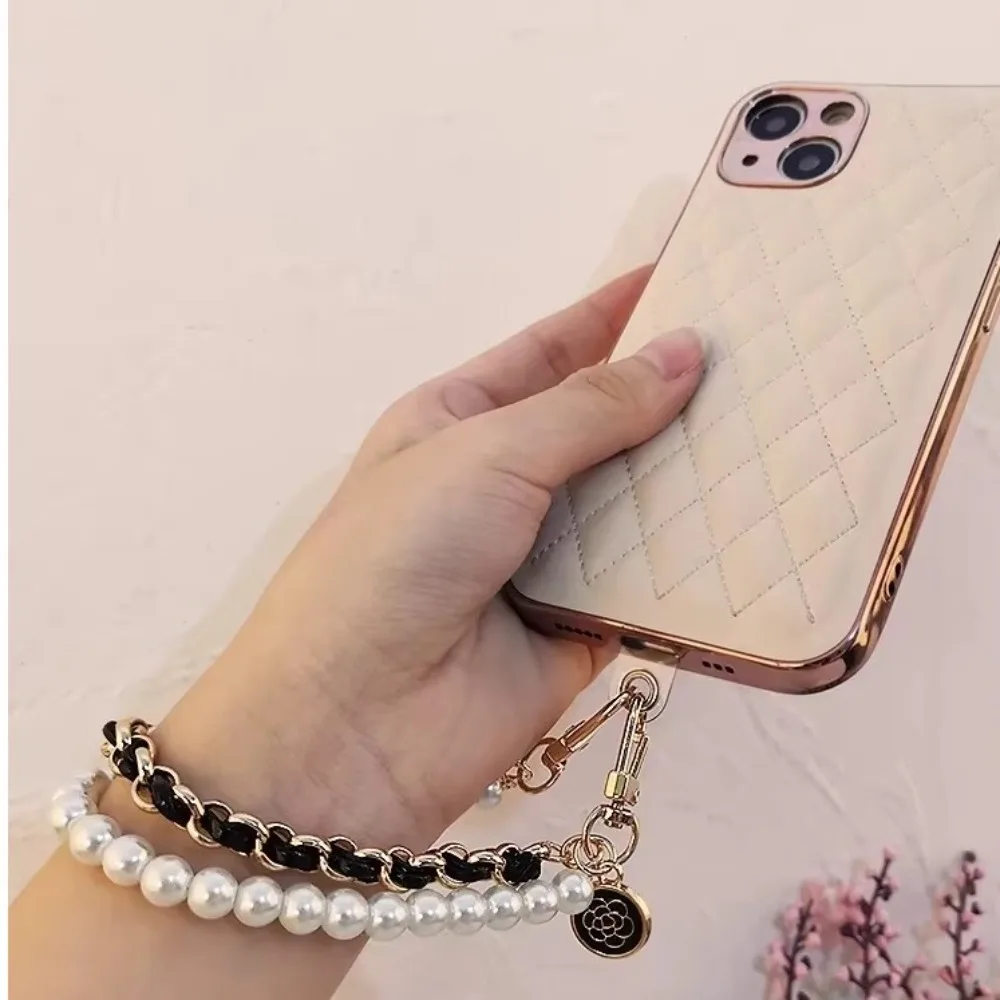 

New 26cm Phone Lanyard Leather Pearl Camellia Cell Phone Strap Rope Pendant Metal Key Chain Mobile Phone Charm Bracelet Chain