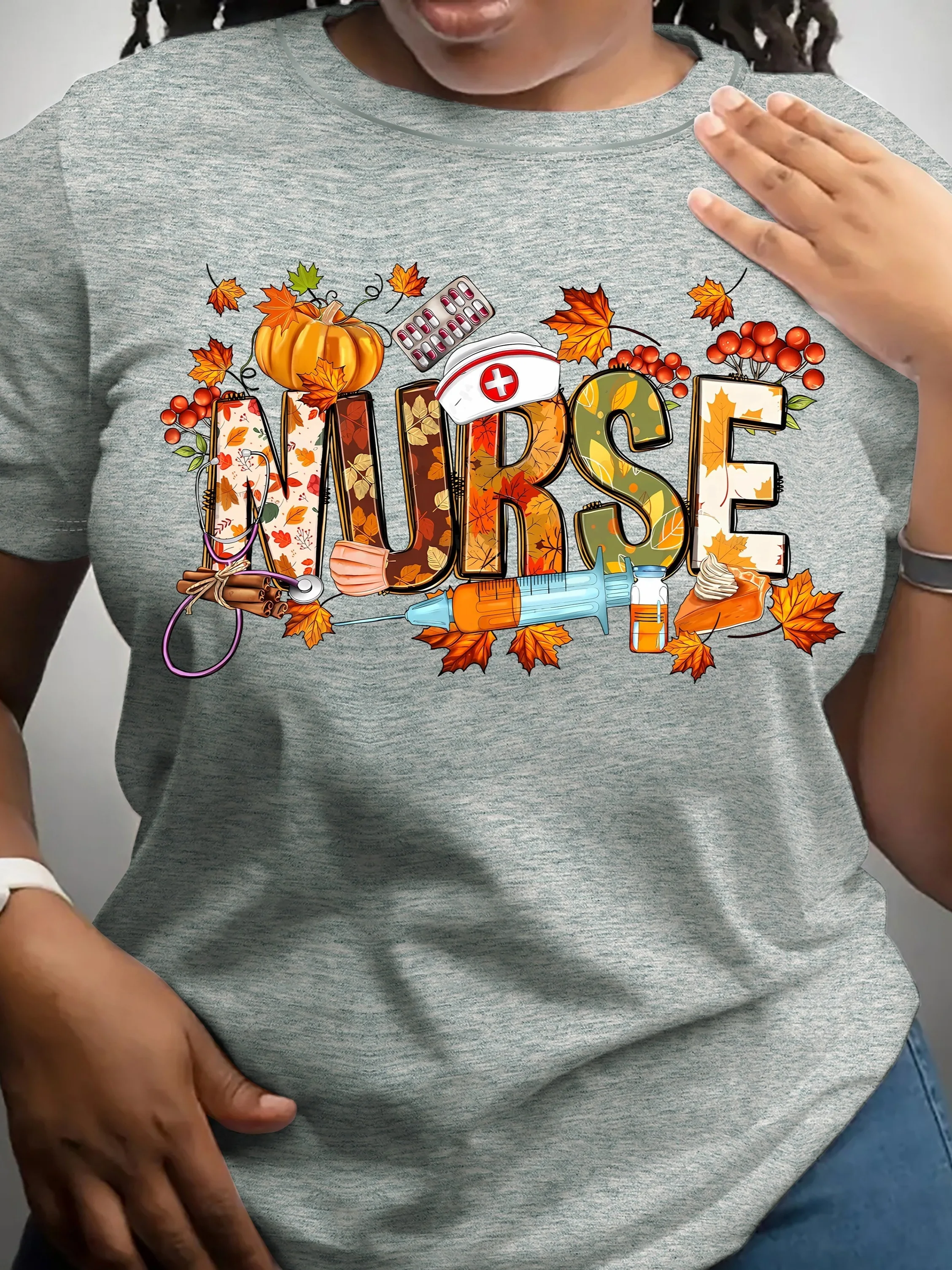 

Stylish Nurse Print Crew Neck T-Shirt - Soft Breathable Short Sleeve Design for Spring & Summer - Women's Casual Comfortable