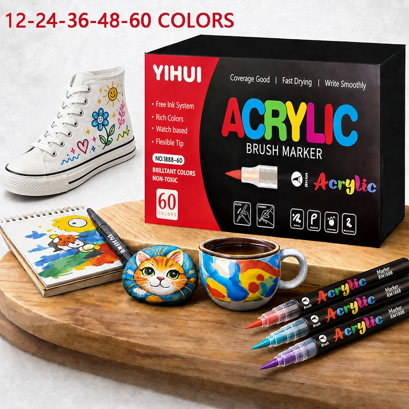 Juego de marcadores de pintura acrílica de 12-60 colores, marcadores de punta suave de 1-5 mm para pintar sobre roca, madera, piedra, vidrio, regalo, manualidades DIY.