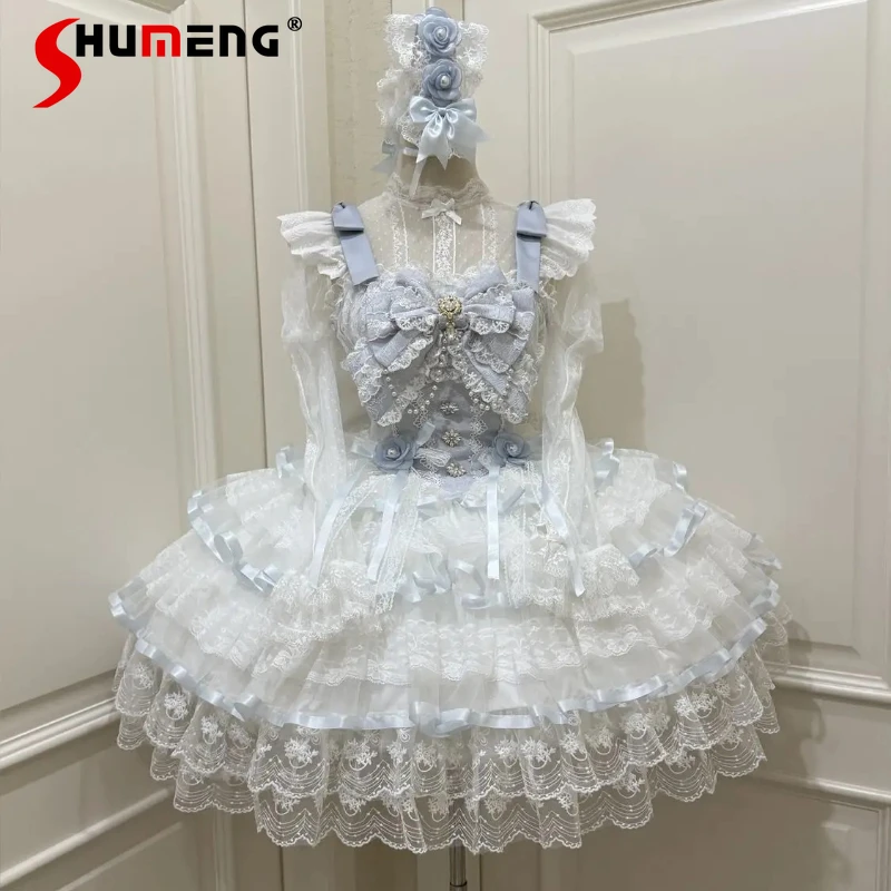 

Blue Lolita Style Sling Dress JSK Girls' Sweet Big Bow Lace Edge Princess Dresses Woman's Slim Fit Elegant Party Dress Summer