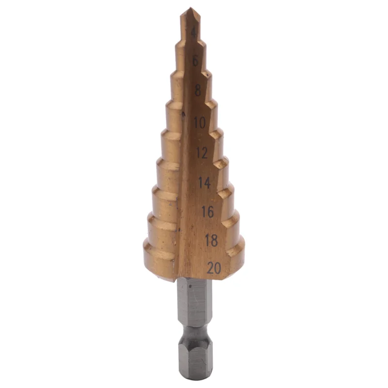 

9Pc Hss Step Cone Taper Drill Bit Set Metal Hole Cutter Metric 3-12 4-12 4-20Mm 1/4 Inch Titanium Coated Metal Hex Taper-B51B