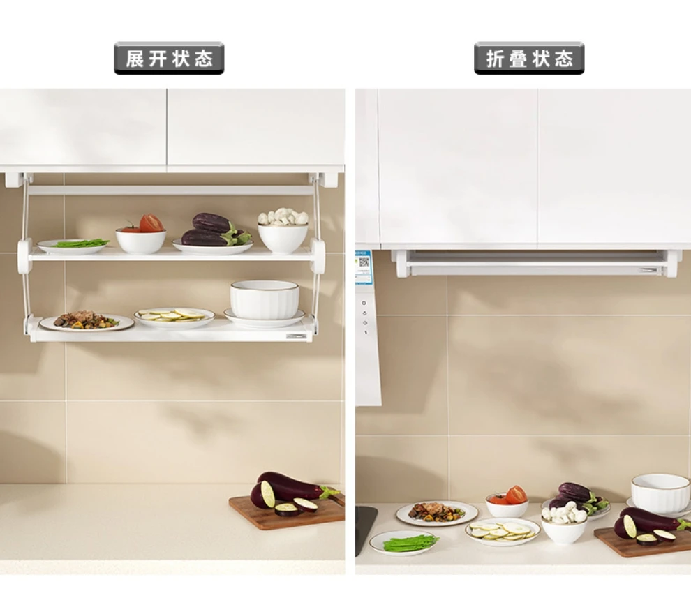 

Double Tiers Metal Folding Organizers for Kitchen Lift Basket Storage Units Shelf Storage Containers for Food and Living Room