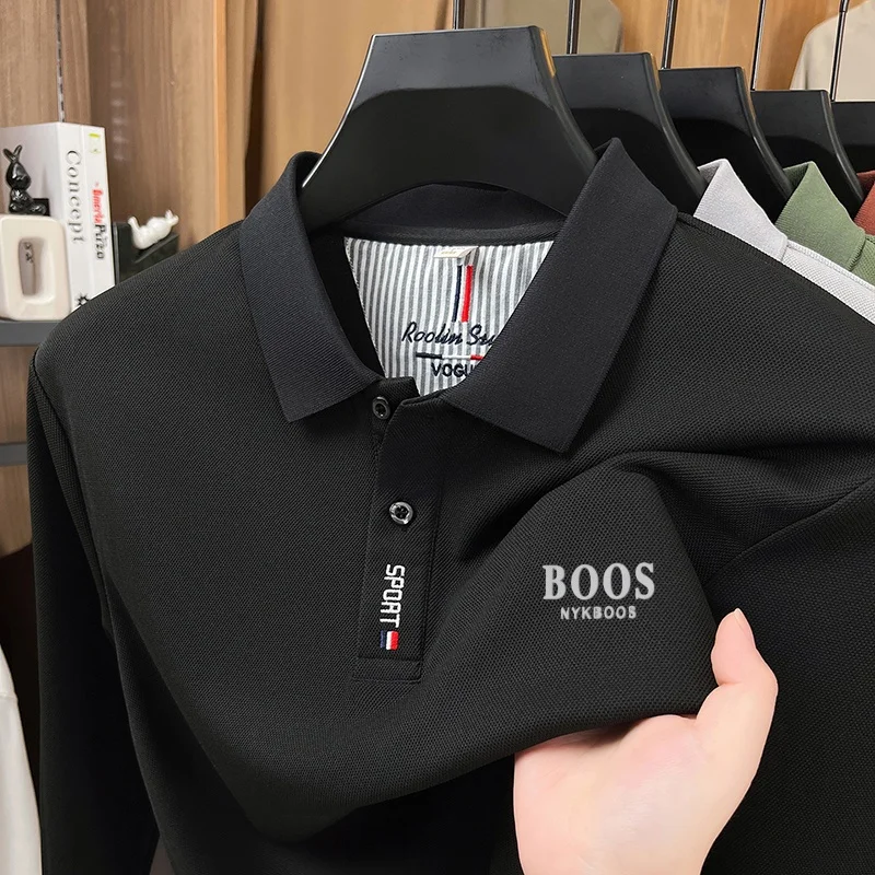 Herren Frühling Herbst Neue Mode Revers-Print Polo-Shirt Original Einfarbiges Langarm-T-Shirt Täglicher Komfort Büro Herrenbekleidung – Detail 10