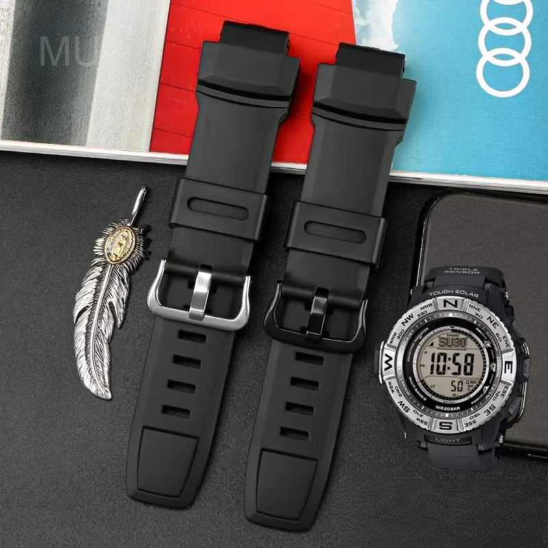 Pulseira de Relógio Premium em Silicone com Interface Convexa de Aço Inoxidável Sólido para Casio PRG-260/270/PRW-2000/2500/5100/3500 18mm