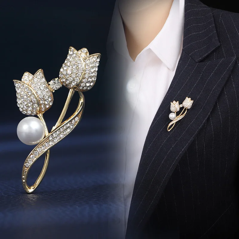 

Imitation Pearl Tulip Flower Brooches for Women Elegant Rhinestone Floral Bouquet Lapel Pins Wedding Party Badge Jewelry