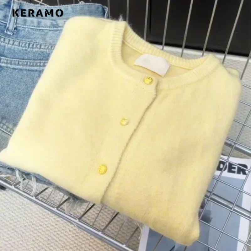 Women Luxury Sweet Knit Long Sleeve O-Neck Yellow Cardigans 2024 Winter Korean Fashion Casual Single Breasted Elegant Sweater