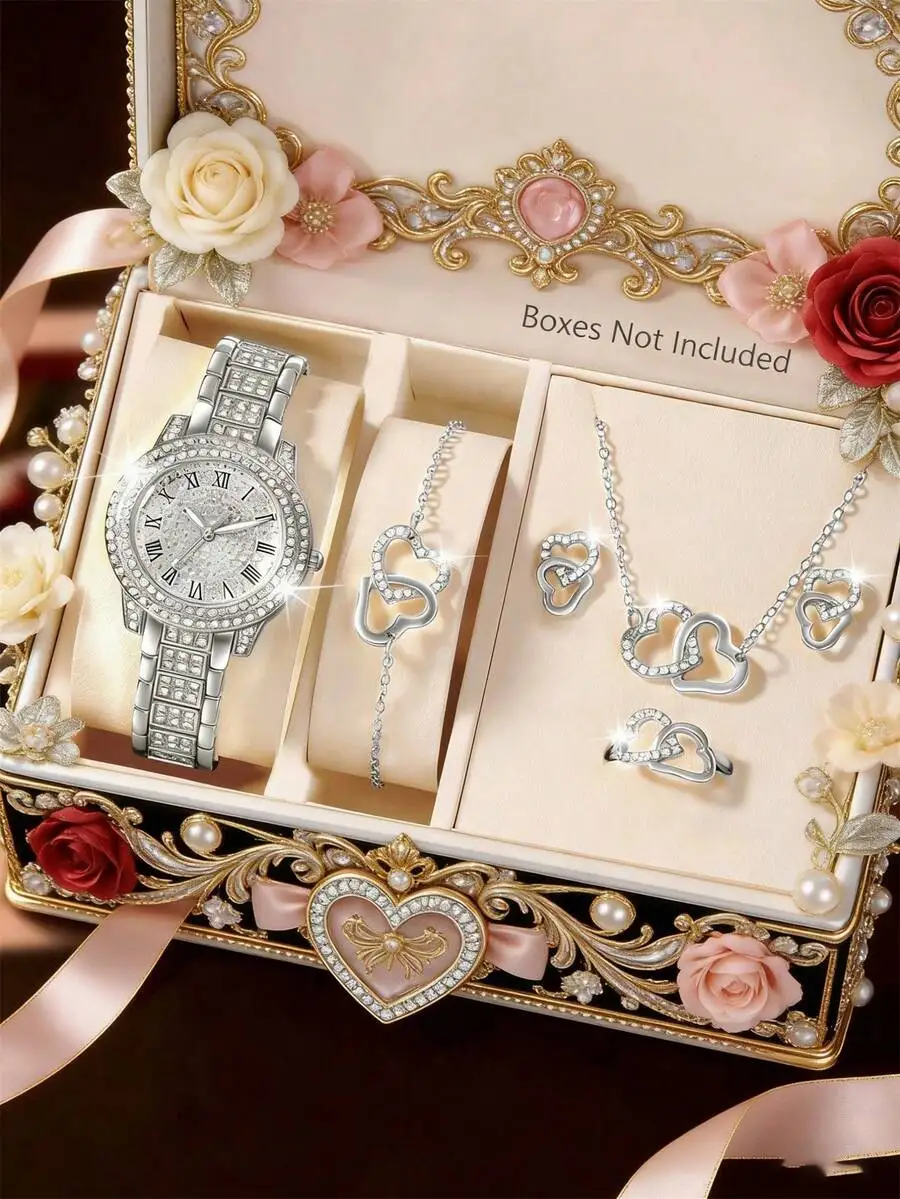 

Elegant Rhinestone Jewelry Set With Quartz Watch Heart Necklace Earrings Ring Bracelet For Women